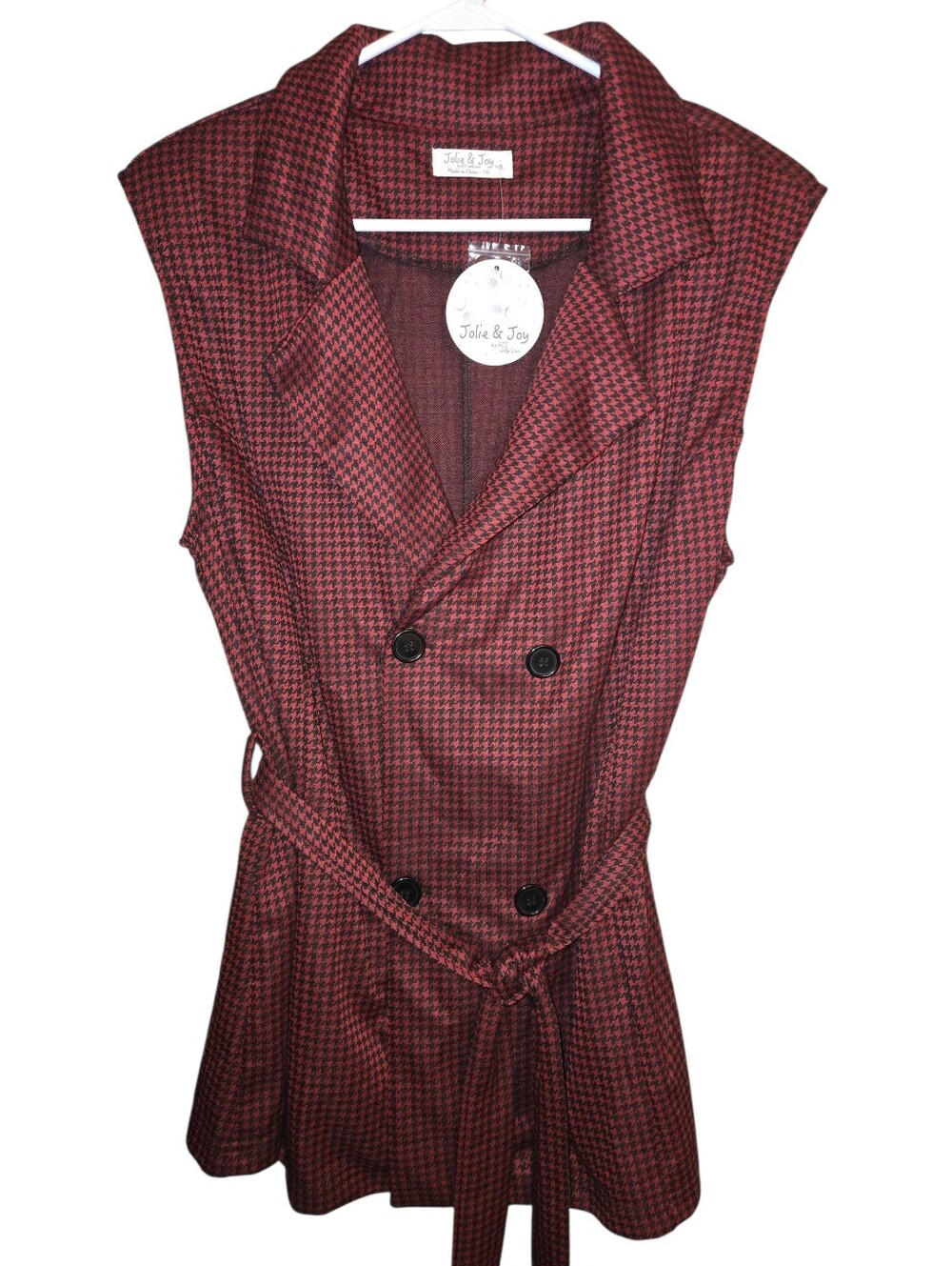 NWT Jolie & Joy Sleeveless Red/Black Double Breasted Houndstooth Belted Vest 1X